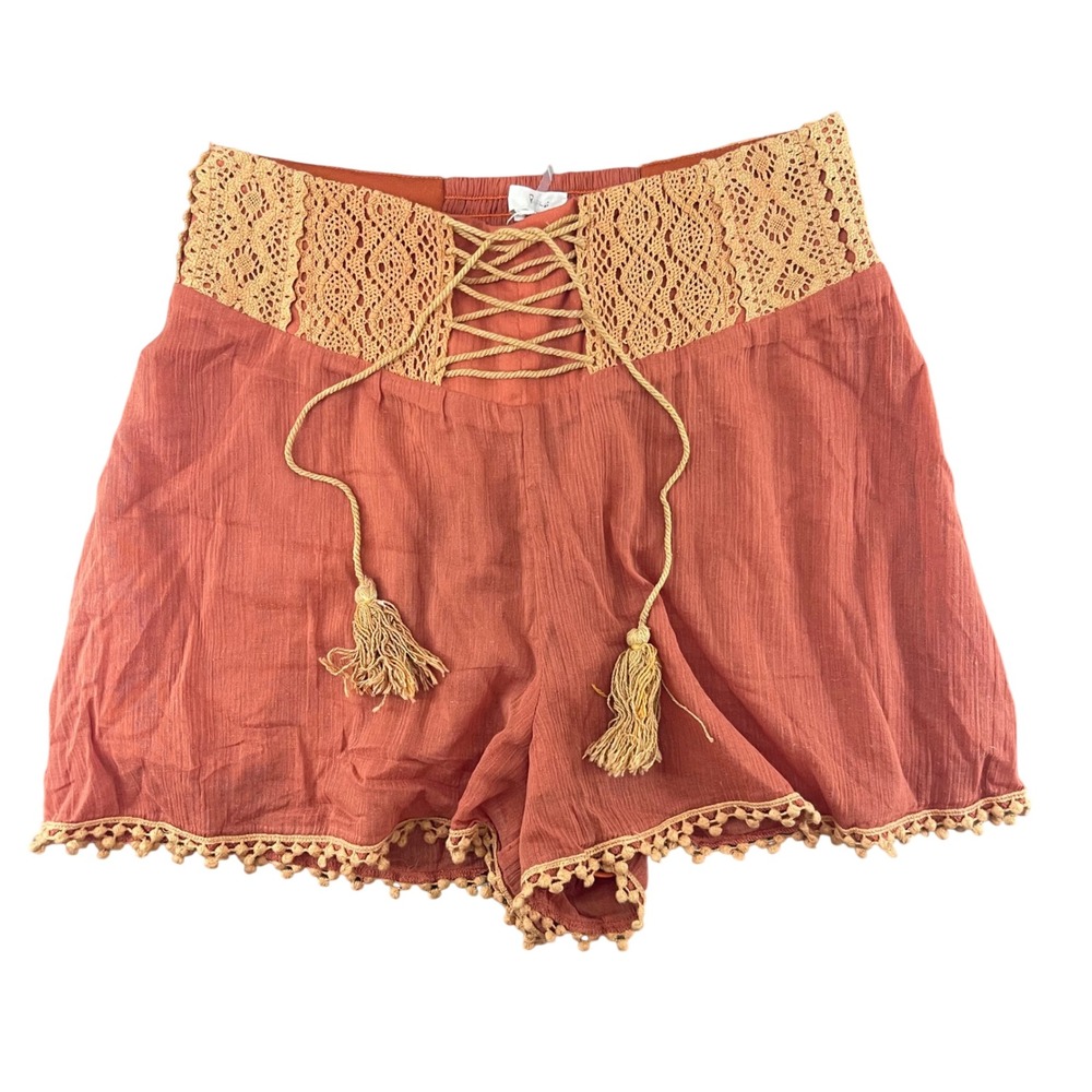 NWT Crochet Shorts S Lace Up Boho Beach Pom Tassel Flowy Festival